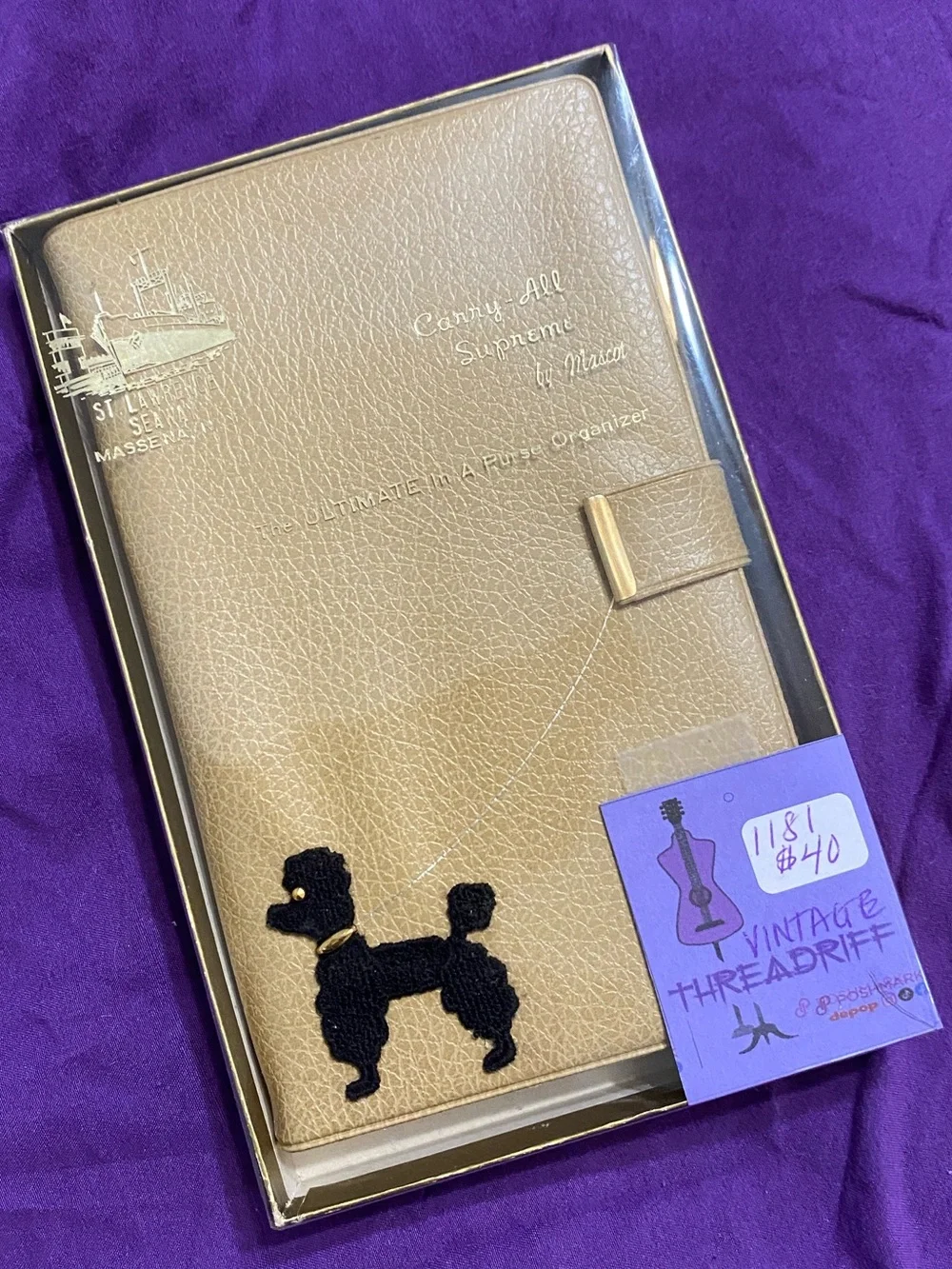 Vintage 1950s Poodle Beige Leather Carry-All Travel Purse Organizer